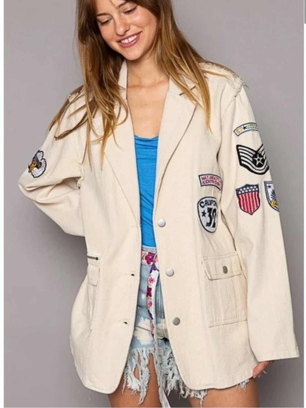 POL Embroidered Canvas Jacket Size L Oversized Boyfriend Fit Boho Indie Festival